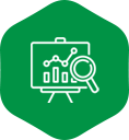 Data analysis icon with chart and magnifying glass.