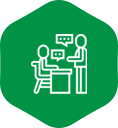 Two stick figures talking, one seated.